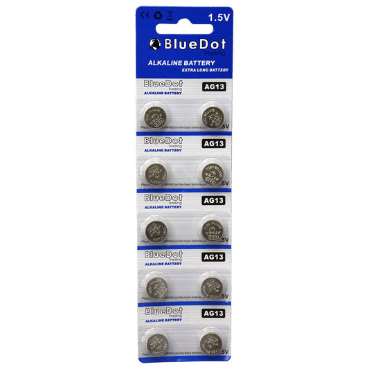 BlueDot Trading AG13 LR44 LR1154 SR44 A76 357A 303 357 LR44 Alkaline Button Coin Cell 1.5v Battery for Watches, calculators, and Toys, Quantity 10…