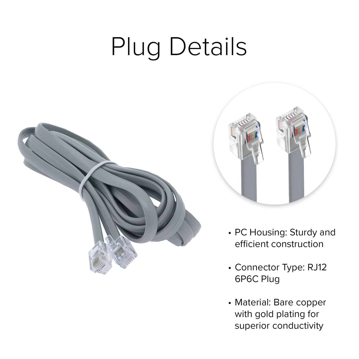 Lumenzi Reliable 6 Conductor RJ12 Line Cord - Straight Cable for Clear Telephone Connections - 6P6C - Straight Pinout - 3 FT
