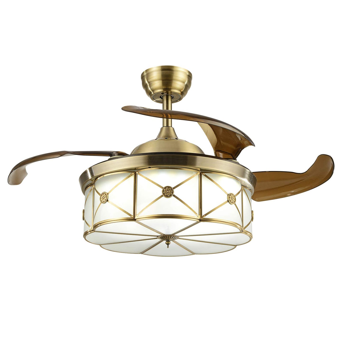 WUPYI Retro Creative Ceiling Fan Light and Remote,36 Inch Invisible Chandelier Fan Brown Retractable Blades 3 Color Changing Chandelier 3 Speeds,Quiet
