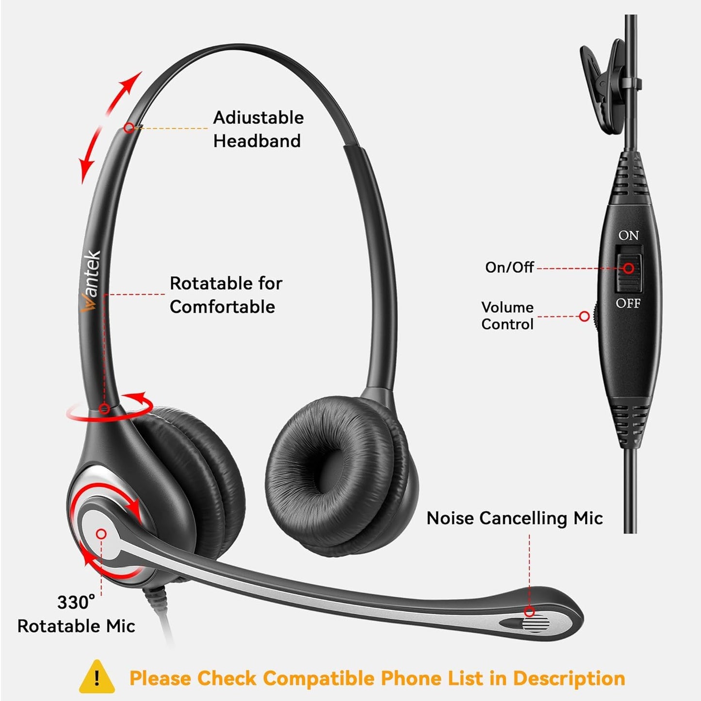 Wantek Phone Headset with Microphone Noise Cancelling,Telephone Headset 2.5mm Jack Compatible with Panasonic AT&T Uniden Cisco Linksys Grandstream