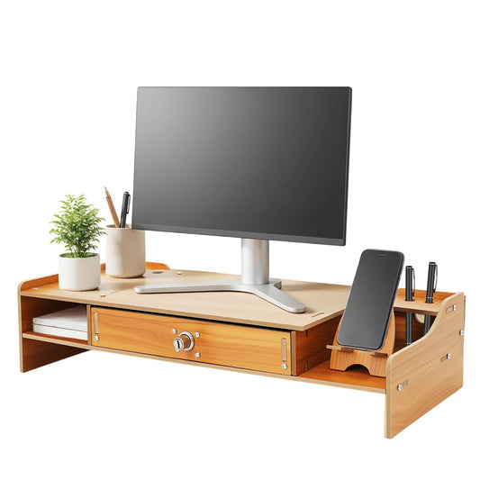 Kaichenyt Monitor Stand Wooden Desktop Organizer with Lockable Drawers & Keys & Phone Holder Vintage Multi Compartment Desk Shelf for Home,Office