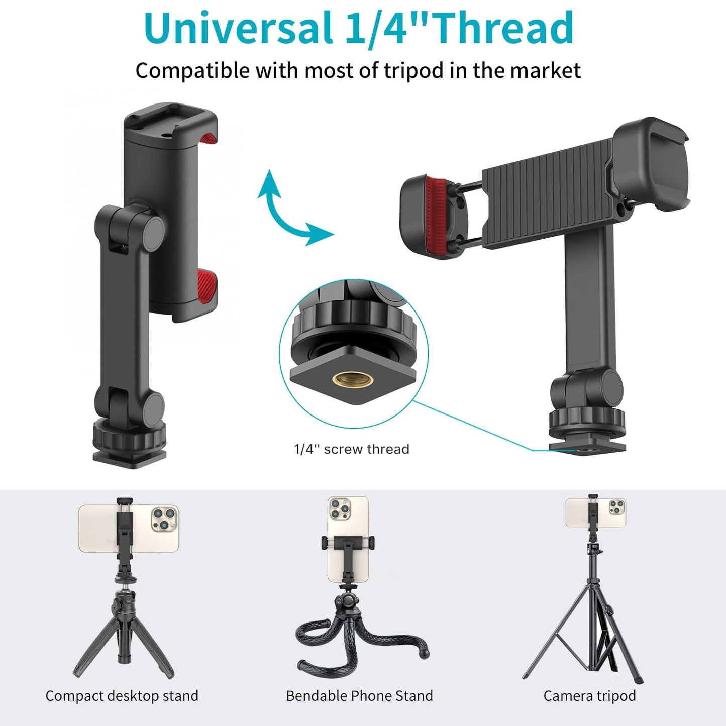 Phone Tripod Mount Holder for iPhone - 2 Cold Shoe and 1/4" Screw, 360° Rotates and 180° Tilts Compatible for iPhone Android Sony Canon DJI Ronin S/SC