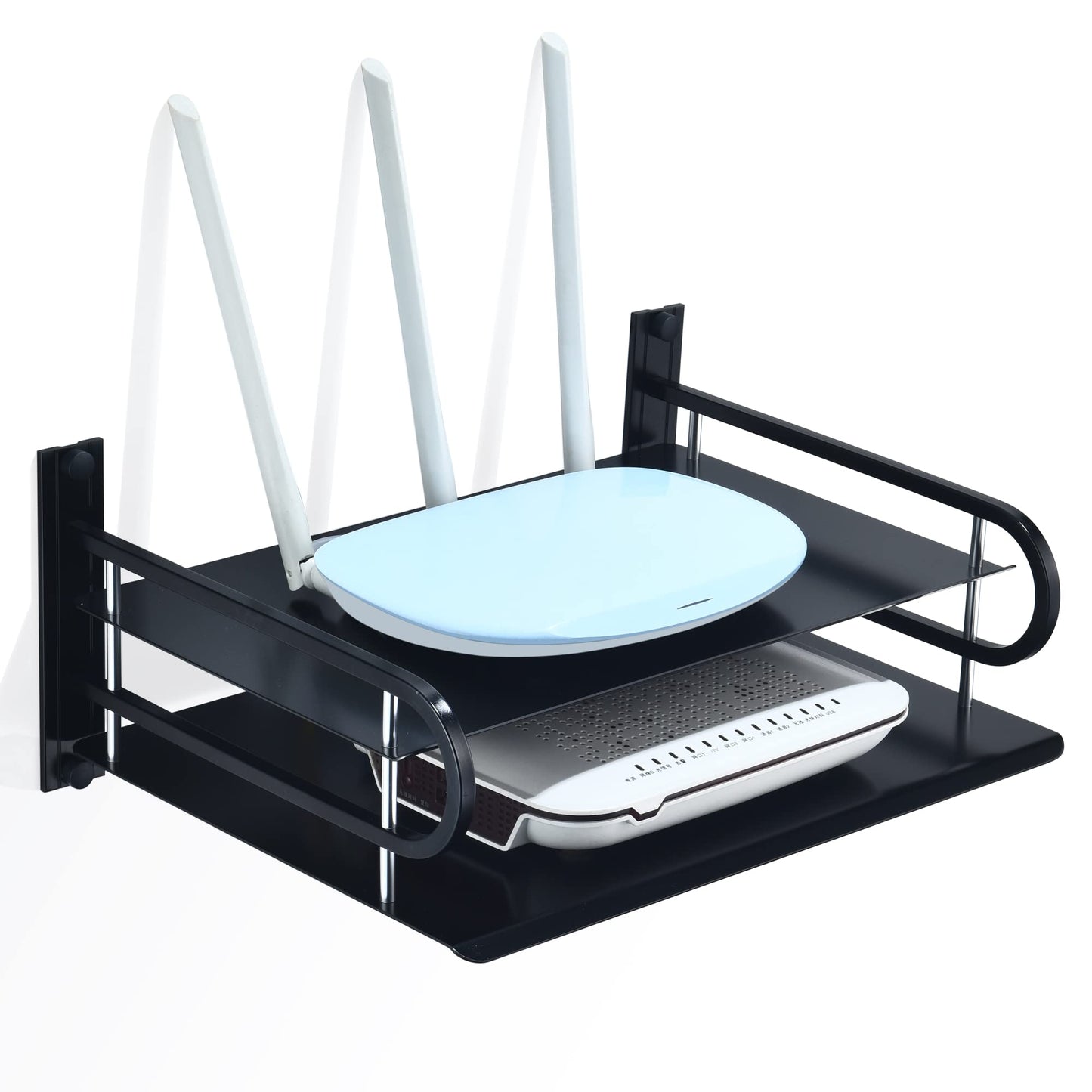 HNVNER Universal Media Shelf with Cable Holes for Entertainment 2-Tier Metal Floating Wall Shelves for Media Such as Router, Modem, Remote, Cable