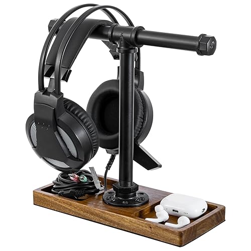 MyGift Premium Acacia Solid Wood and Industrial Black Metal Pipe T-Bar Over Ear Headphones Holder, Tabletop Dual Headphone Display Stand…
