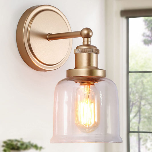 classy leaves Gold Sconces Wall Lighting, 1-Light Gold Vanity Lights for Bathroom, Modern Wall Light Sconce with Clear Glass Shade for Bedroom, Living