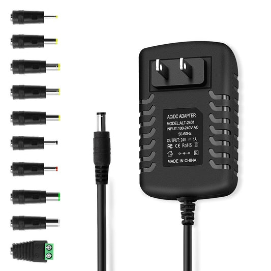 24V 1A 24W DC Power Supply Adapter, AC 100-240V 50-60Hz to 24 Volt 1 Amp Transformer, DC 24V Power Cord with 【10 Tips】 for DC Motor Pump LED Strip…