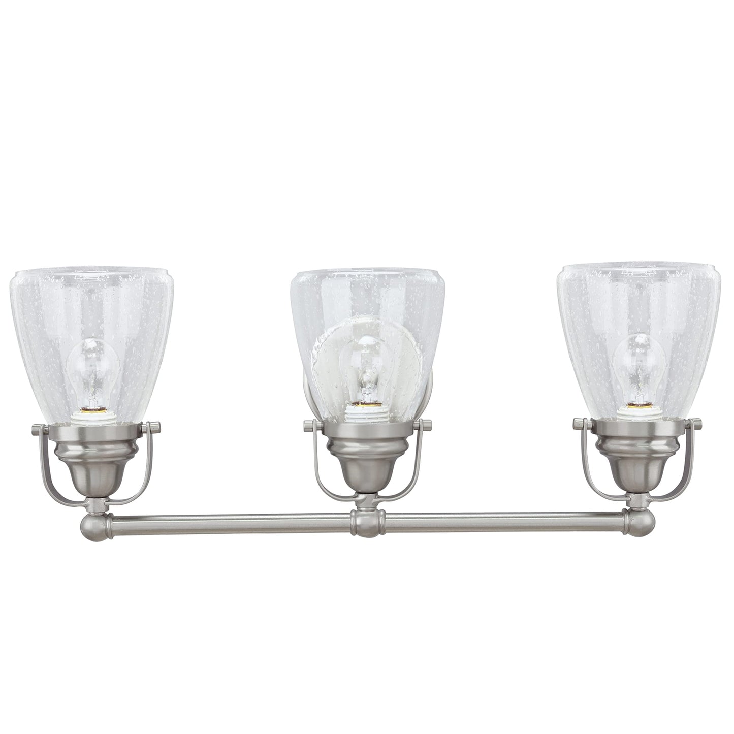 Aspen Creative 62099, Three-Light Metal Bathroom Vanity Wall Light Fixture, 24 1/2" Wide, Transitional Design in Brushed Nickel with Clear Seedy Glass