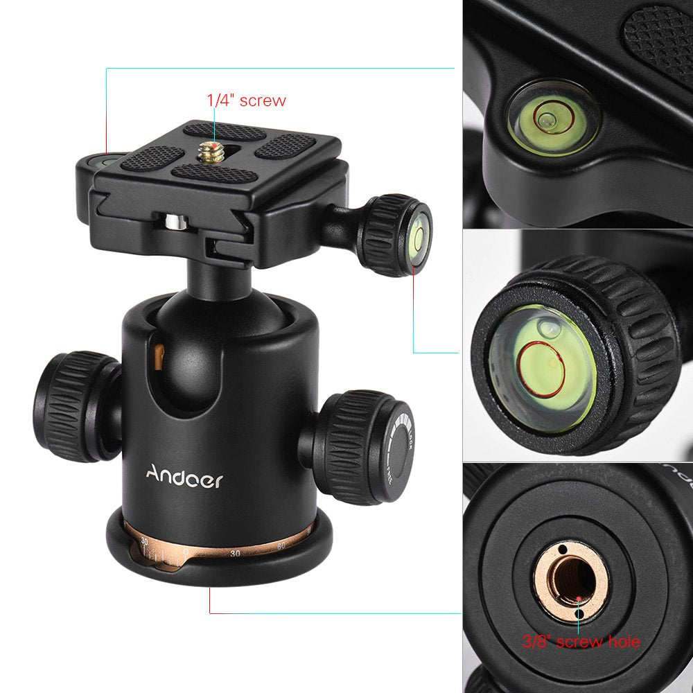 Andoer Tripod Ball Head, DSLR Camera Tripod Ball Head with 1/4 inch Quick Release Plate and Bubble Level, 360 Degree Rotating Panoramic Ball Head