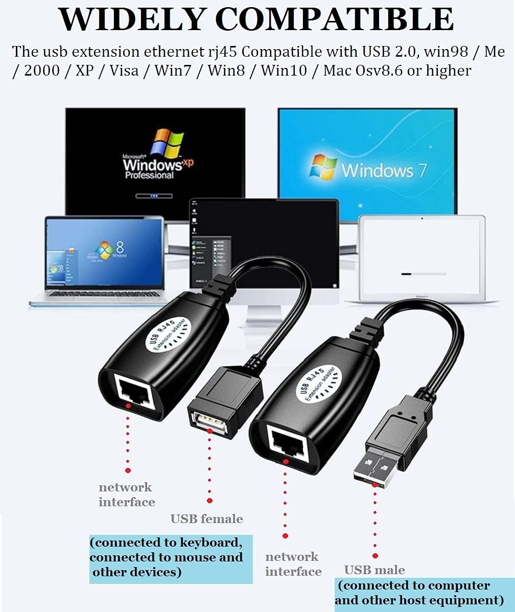 USB Extender Over RJ45 Cat 6/5/5e Adapter, RJ45 Ethernet Splitter to USB Extension UP to 50m/164ft, Compatible with Computers, Mobile Phones, Mice