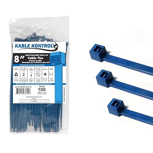 Kable Kontrol Metal Detectable Blue Zip Ties 100 Pcs 8 Inch, 50 Lbs Tensile Strength, Iron Infused Self-Locking Industrial Cable Ties