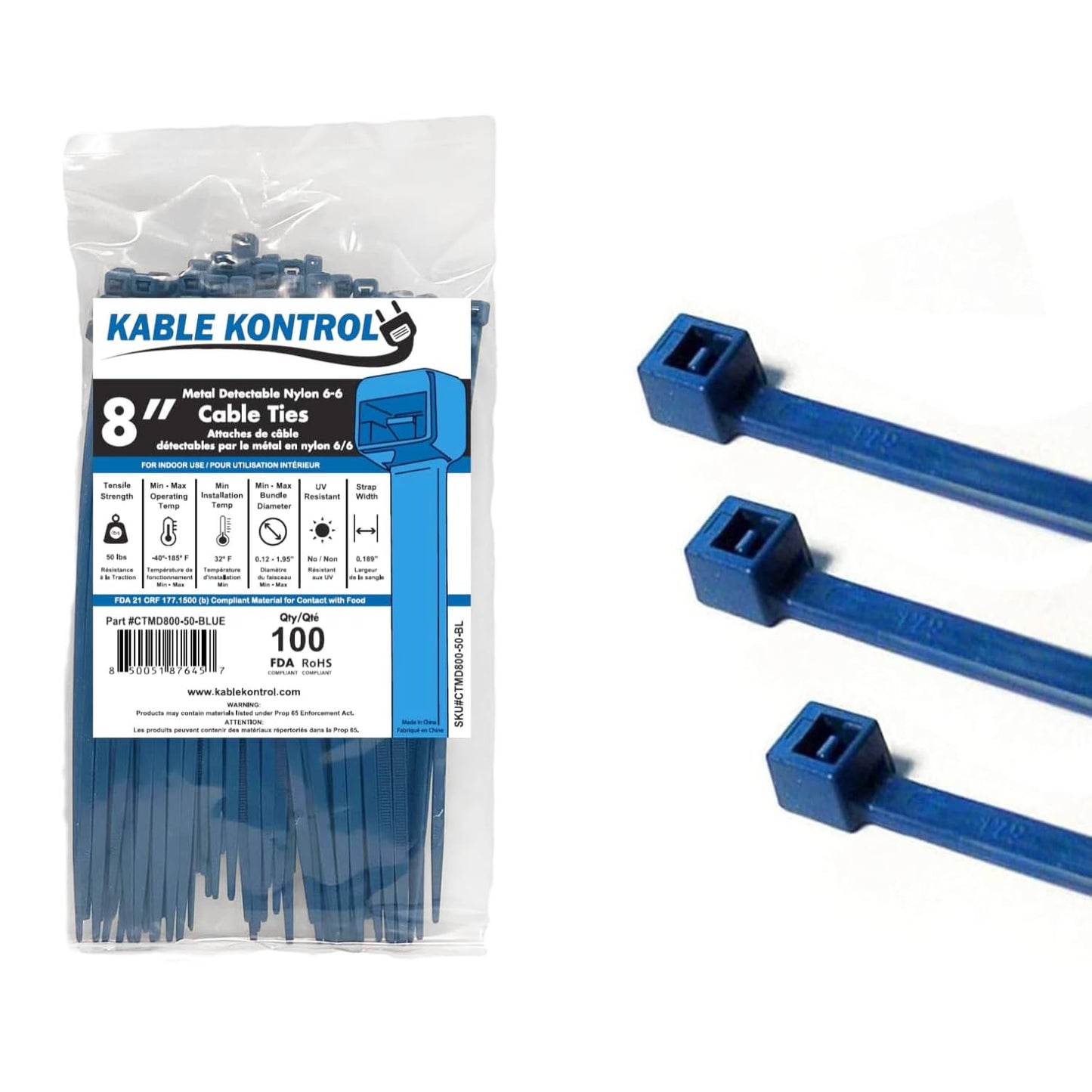 Kable Kontrol Metal Detectable Blue Zip Ties 100 Pcs 8 Inch, 50 Lbs Tensile Strength, Iron Infused Self-Locking Industrial Cable Ties