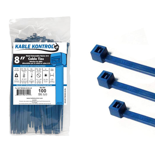 Kable Kontrol Metal Detectable Blue Zip Ties 100 Pcs 8 Inch, 50 Lbs Tensile Strength, Iron Infused Self-Locking Industrial Cable Ties