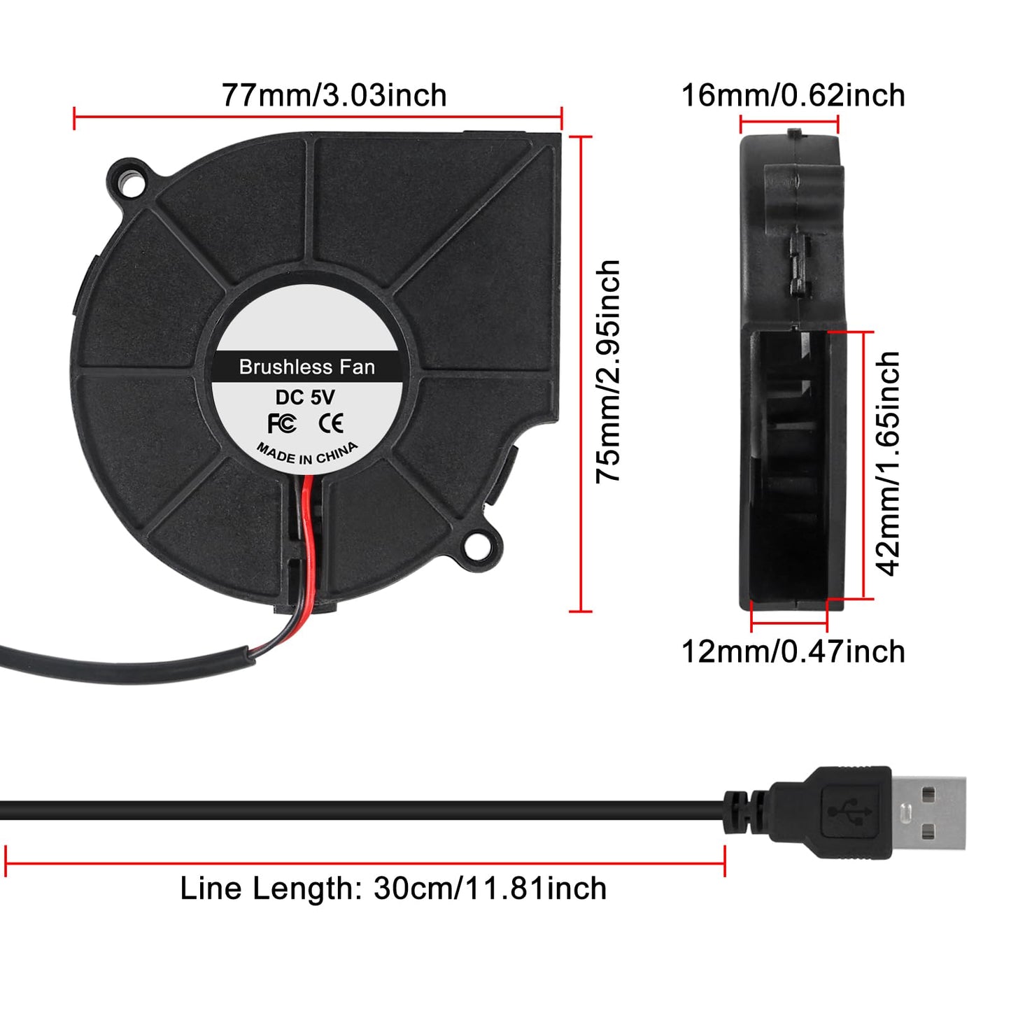 4Pcs 75mm USB Fan 75mm x 15mm Cooling Turbo Blower Fan 5V 7515 USB DC Brushless Small Computer Case Fan Cooler for 3D Printer Cooling Electronics, Air