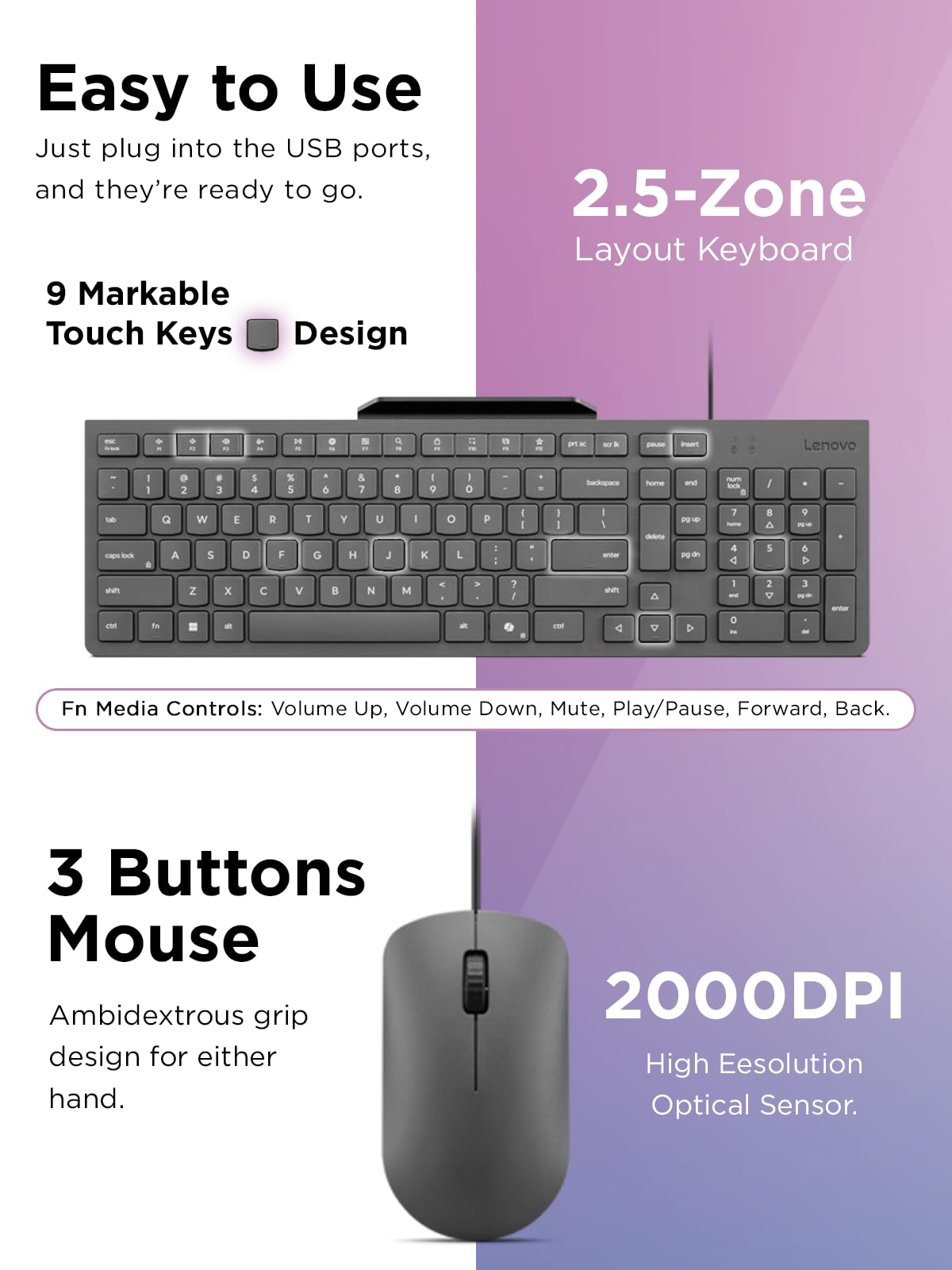 Lenovo 310 USB-A Wired Keyboard Mouse Combo, Quiet Keys, Ultra-Slim Gaming Design, Spill-Resistant, Integrated Phone Stand, Compatible w Laptop, PC