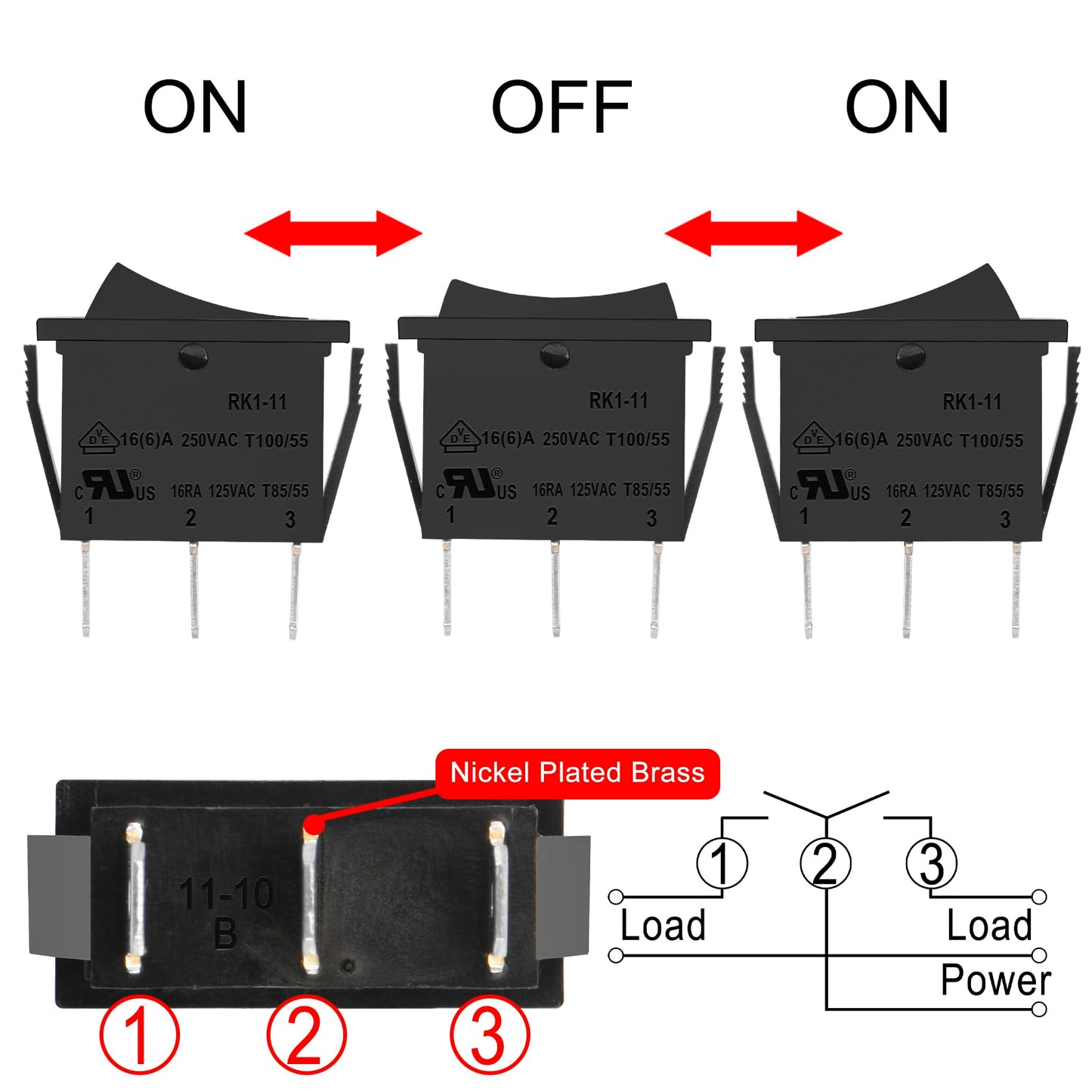 Heschen Interrupteur à Bascule On-Off-on Spdt 3 bornes 15 A 250 VAC Noir Lot de 5