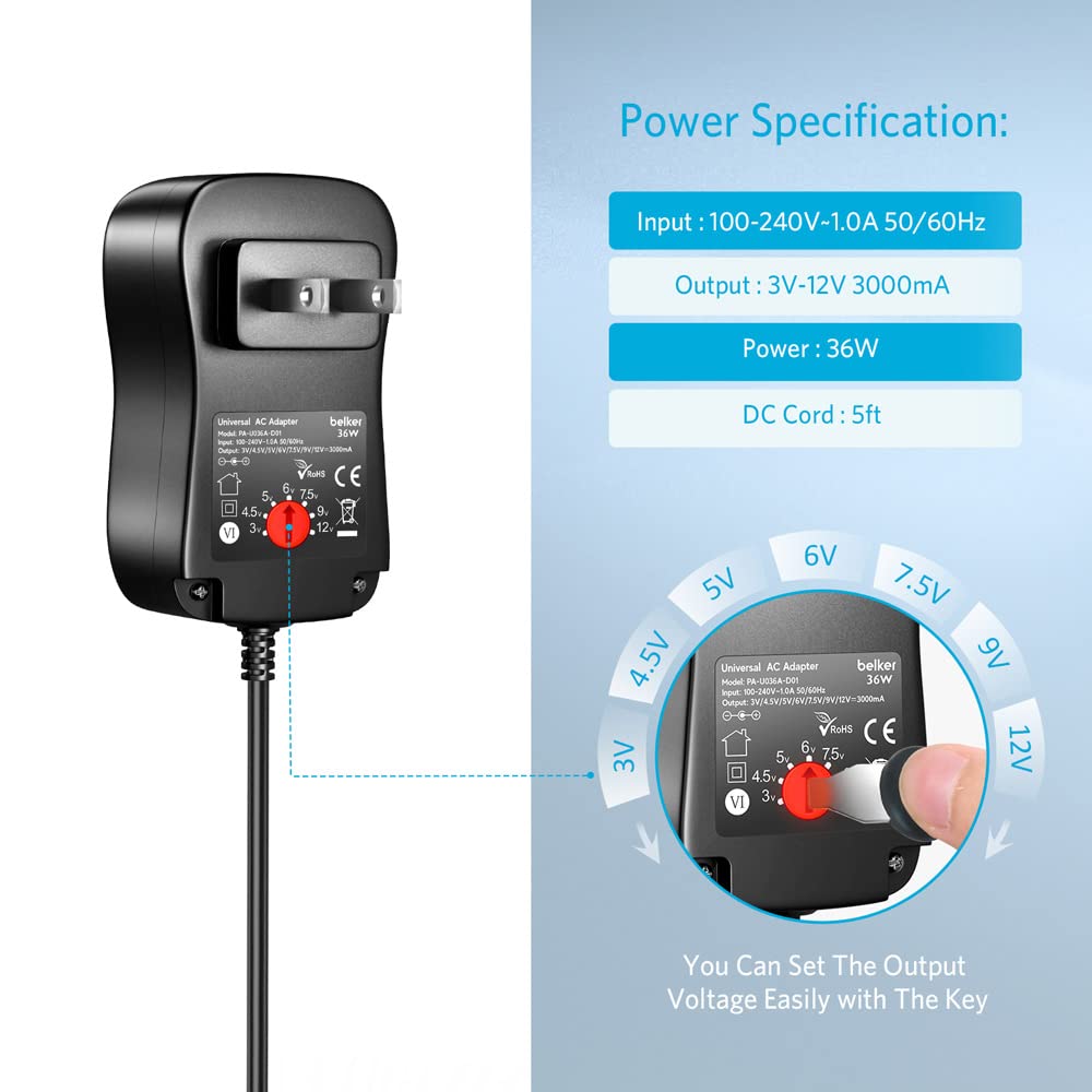 Belker 36W Universal 3V 4.5V 5V 6V 7.5V 9V 12V AC DC Power Adapter Supply with USB C tip for Household Electronics Routers TV Boxes LCD CCTV Cameras…