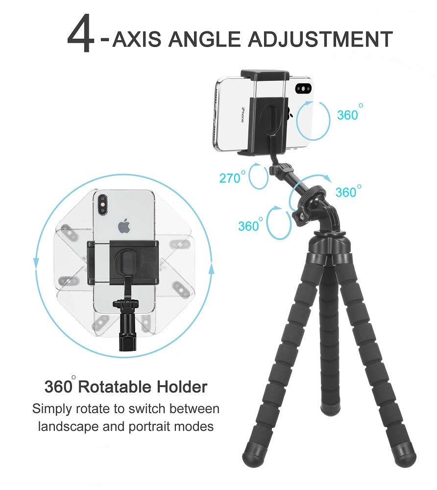Phone Tripod, Flexible Tripod, Upgrade 4-Axis Angle Adjustment, Unique 360° Rotating Holder, Sturdy Octopus-Style Legs, and Wireless Remote Shutter