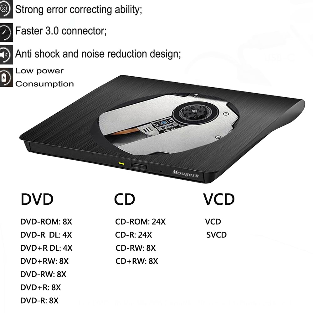 Mougerk External DVD CD Drive, USB 3.0 Type-C Ultra Slim Drives CD DVD RW Player/DVD CD ROM Drive/Writer/Rewriter/USB CD Burner Compatible with Mac