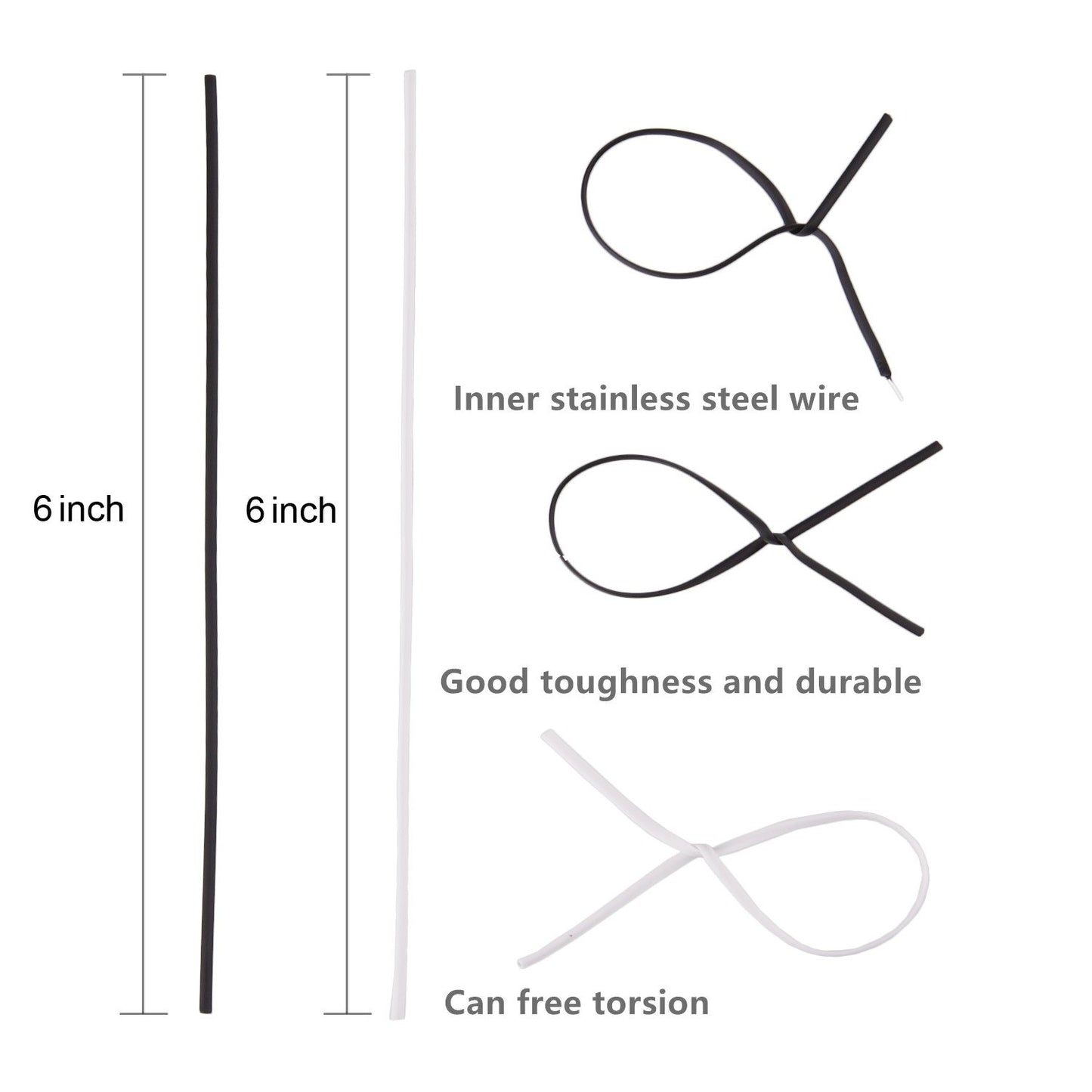 Sunmns 200 Piece Metallic Twist Cable Cord Wire Ties Reusable Fastening (6 Inch, Black and White)