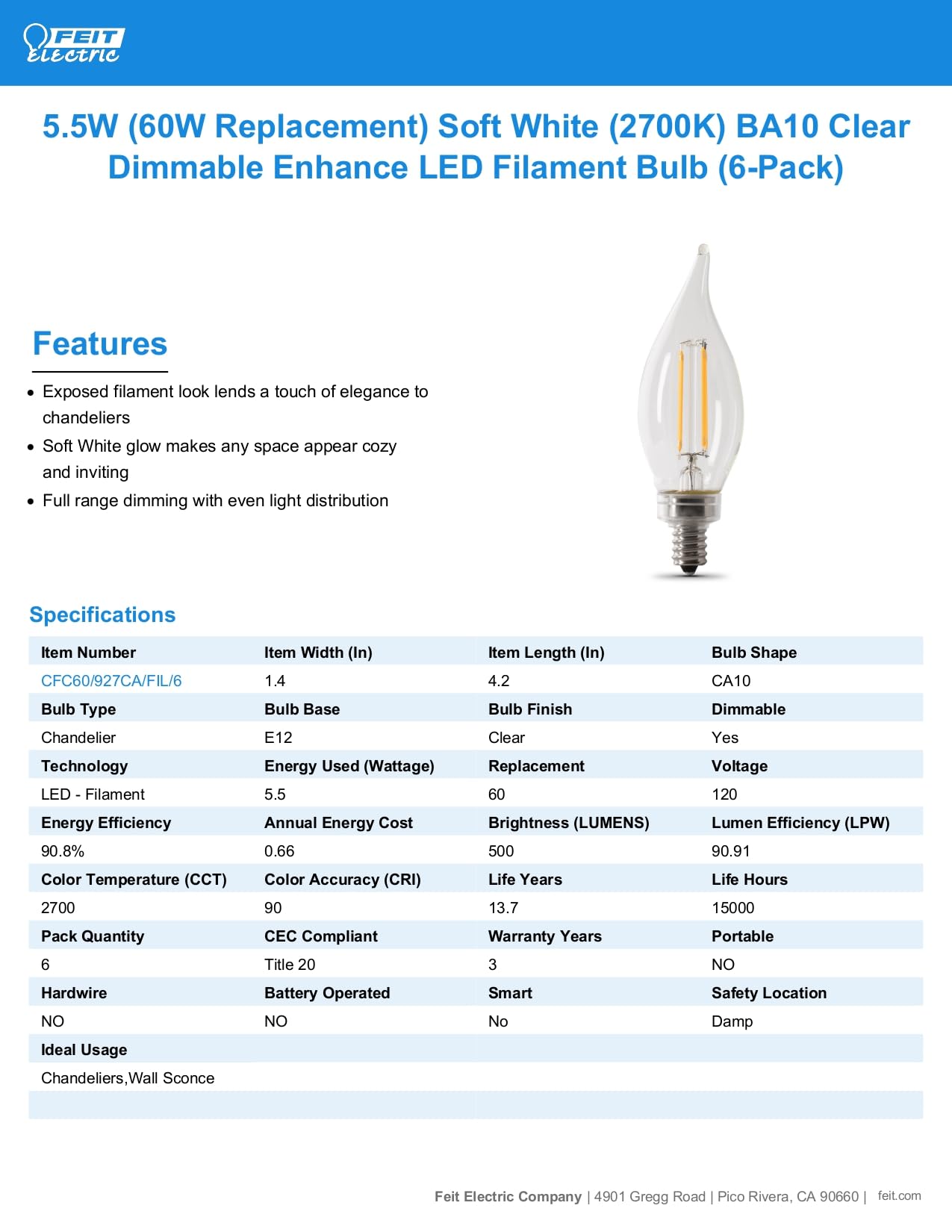 Feit Electric BA10 Enhance LED Light Bulb, 60W Eq, Soft White, 6-Pack