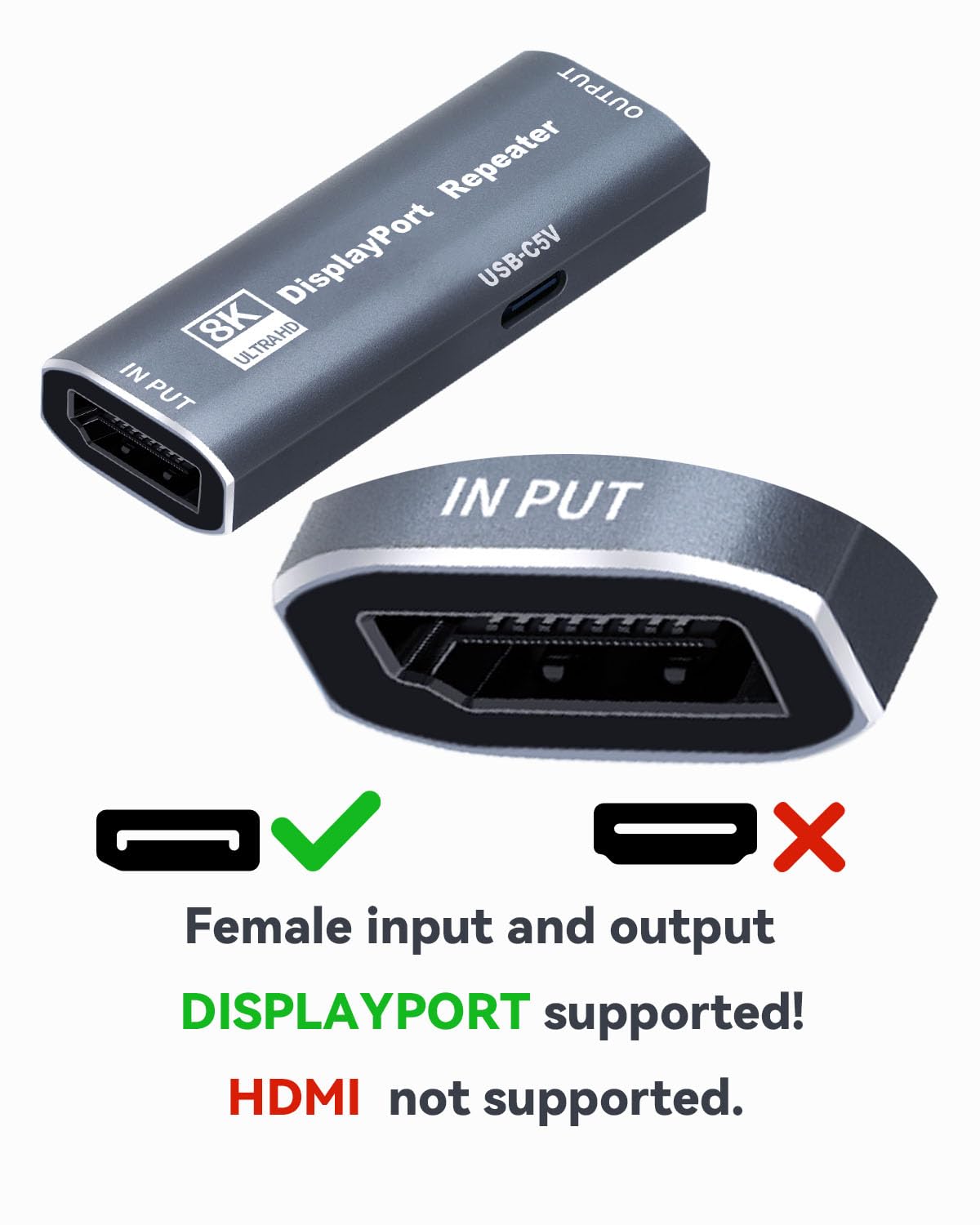 Techigher DisplayPort Repeater Amplifier Signal Booster - 4K@240Hz 33ft,4K@60Hz 82ft Extender, DisplayPort Booster Female to Female Plug & Play,