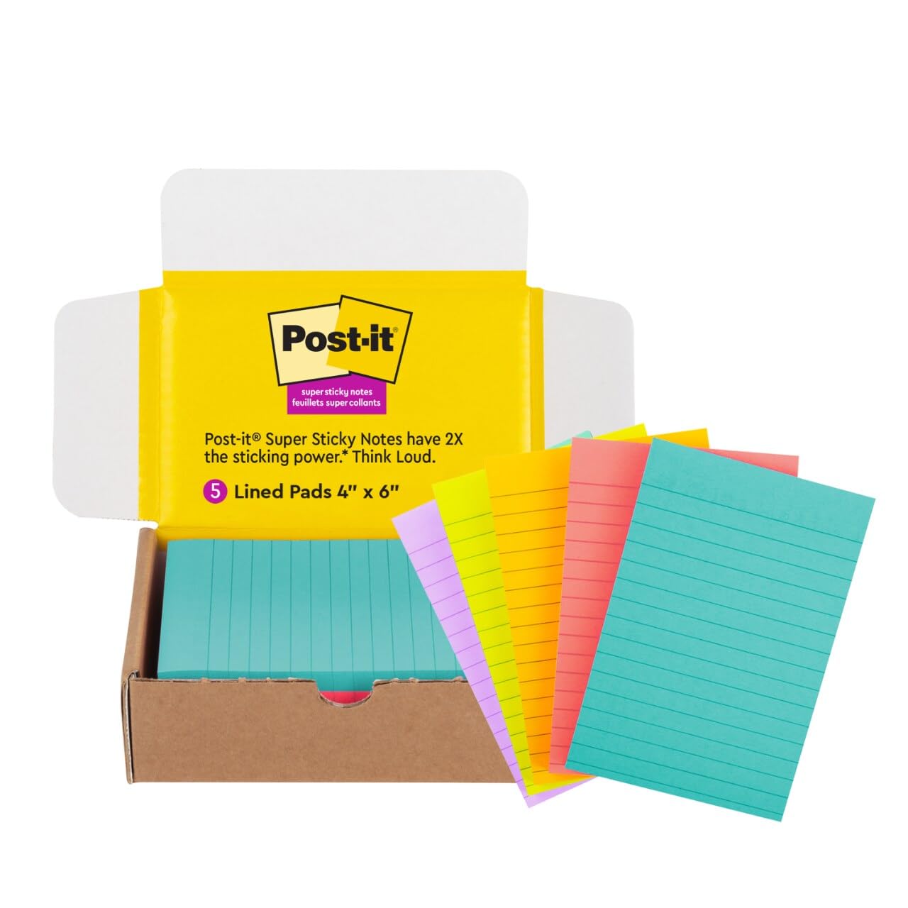 Post-it Super Sticky Notes, 4 x 6 in, Supernova Neons, 5 Lined Pads