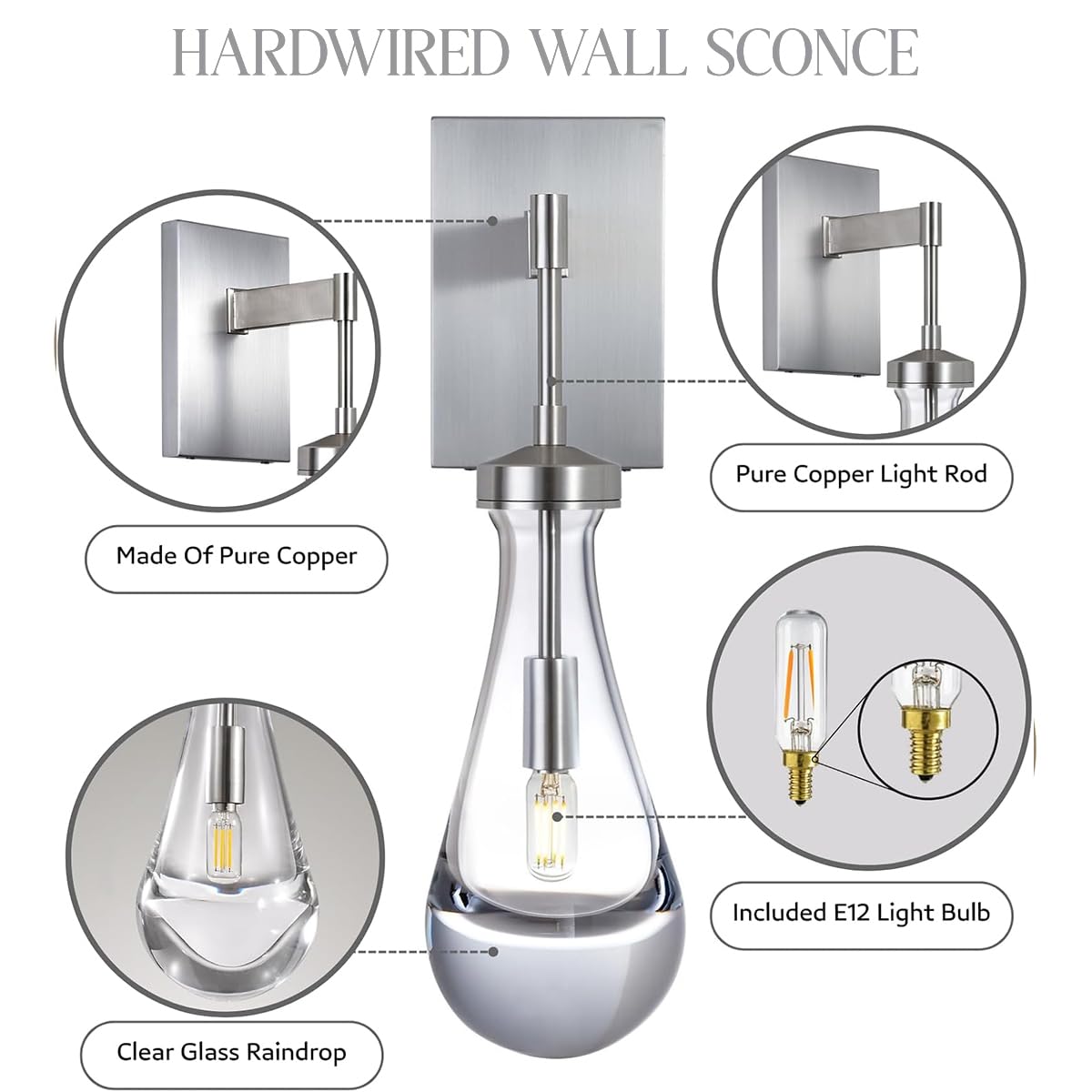 Joyunleo Nickel Wall Sconces, Modern Raindrop Light Fixtures for Bedroom, Lighting Bedside Wall Mounted Lamp, Wall Lighting for Bathroom, Living Room