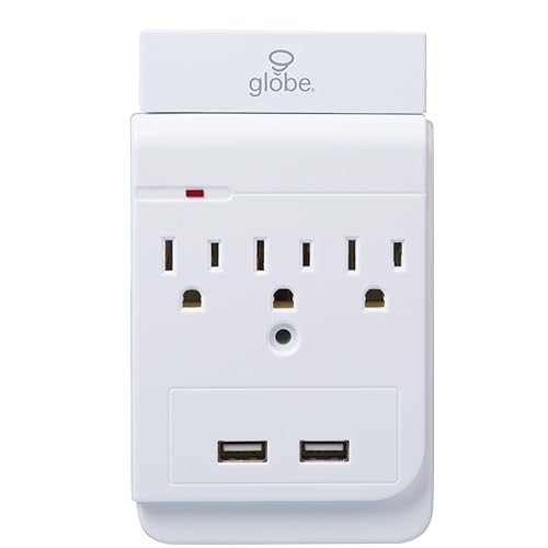 Globe Electric 78081 3-Outlet Charging Station Surge Protector Wall Tap, 2x USB Ports, Phone Holder, White Finish