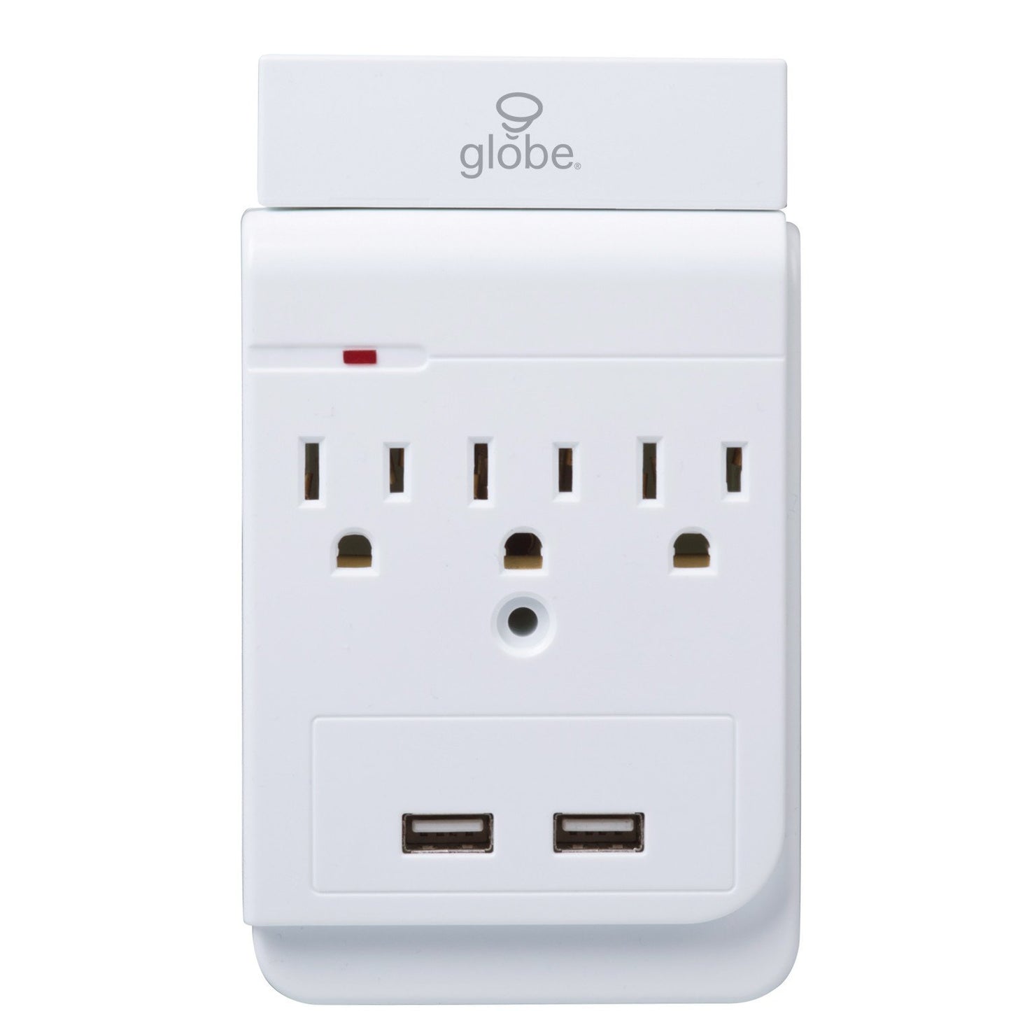 Globe Electric 78081 3-Outlet Charging Station Surge Protector Wall Tap, 2x USB Ports, Phone Holder, White Finish
