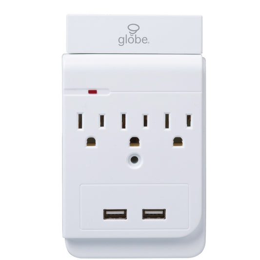 Globe Electric 78081 3-Outlet Charging Station Surge Protector Wall Tap, 2x USB Ports, Phone Holder, White Finish