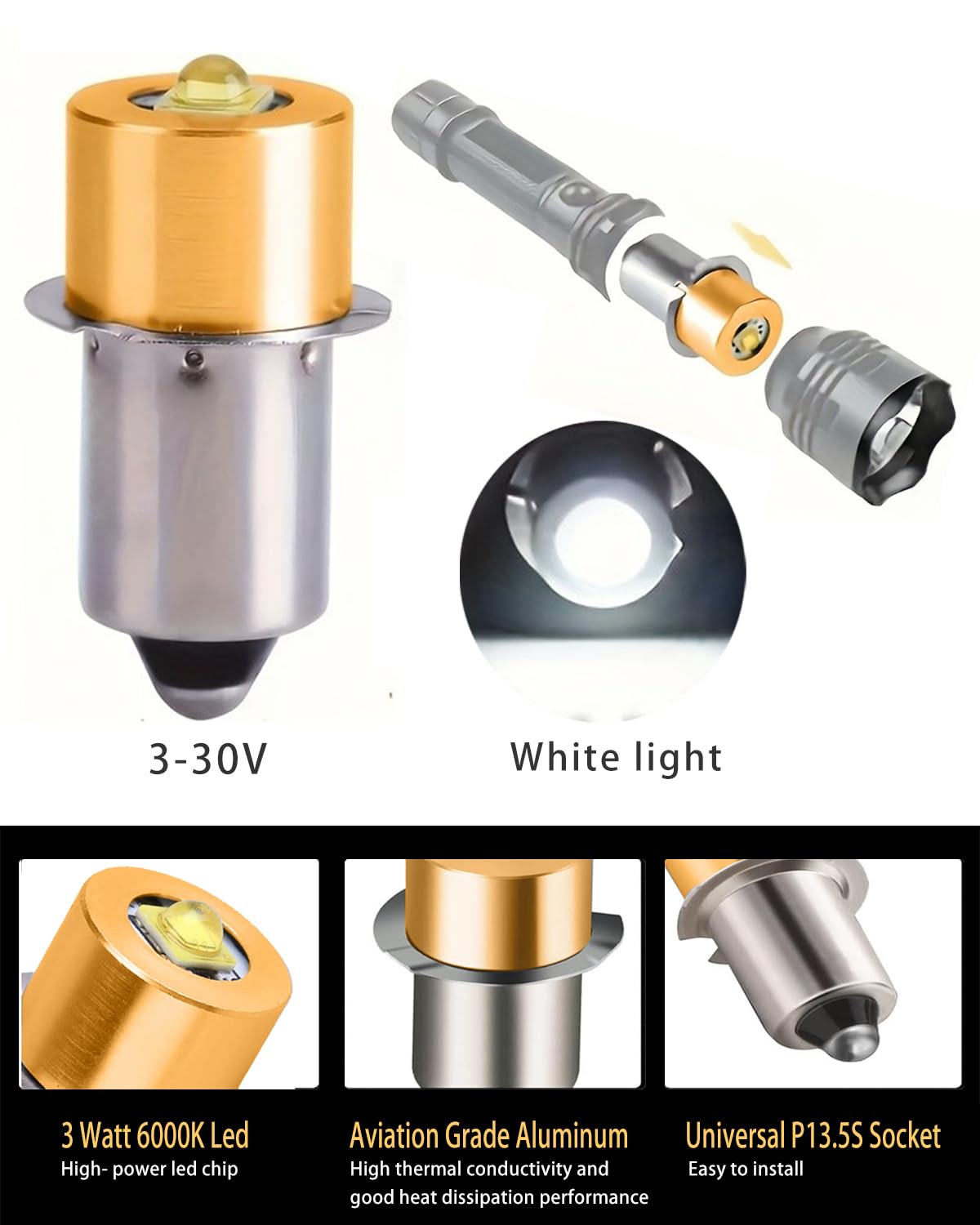 Deerma LED Maglight Bulb Replacement DC 3-30V for 3-16 C&D Cell 3W LED Flashlights, Brighter & Longer Lifespan Than Original(1 Pack)