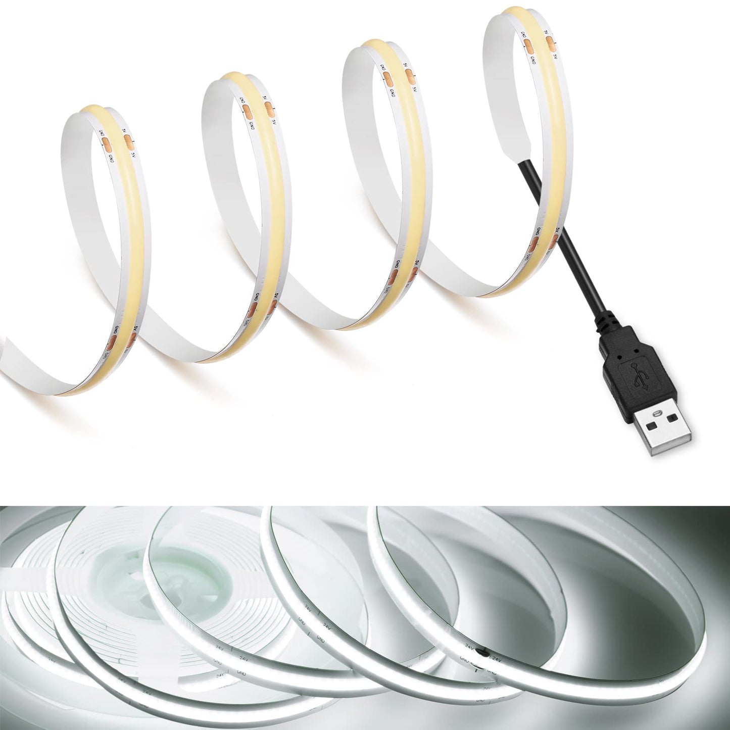 MDee?COB LED Strip Lights 6000K Cold White USB Powered 5V Flexible LED Tape Lights with USB Connector CRI 90+ 800LM/m 320LEDs/m for Indoor and Outdoor