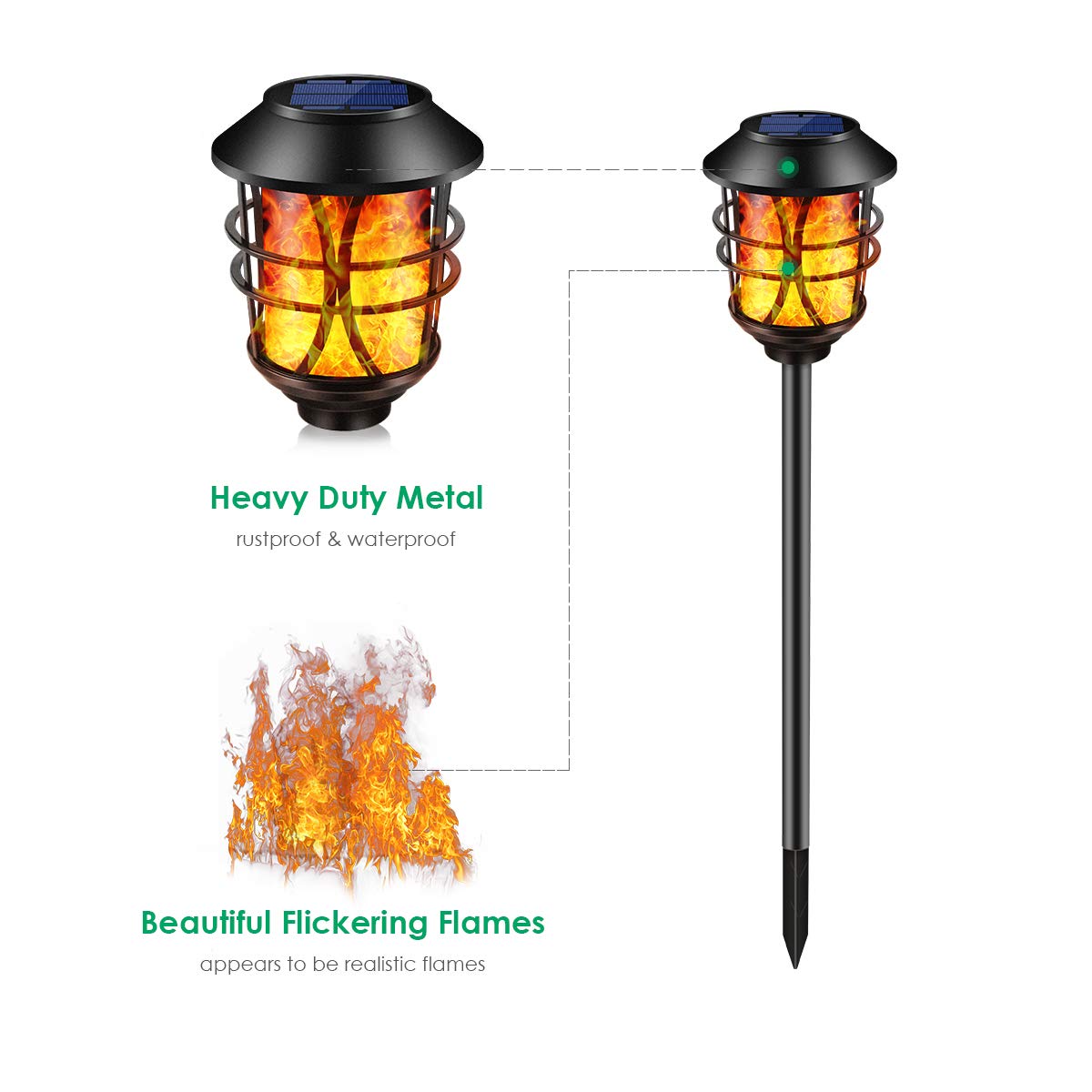 TomCare Solar Outdoor Lights Metal Flickering Flame Torches Waterproof Heavy Duty Pathway Landscape Lighting Dusk to Dawn Auto On/Off for Garden Patio