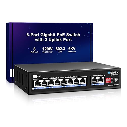 10 Port Gigabit PoE Switch with 8 Port PoE+ 1000Mbps, 2x1000Mbps Uplink, GiGaPlus 10 Port IEEE802.3af/at PoE @72W, Support VLAN, AI watchdog, Metal