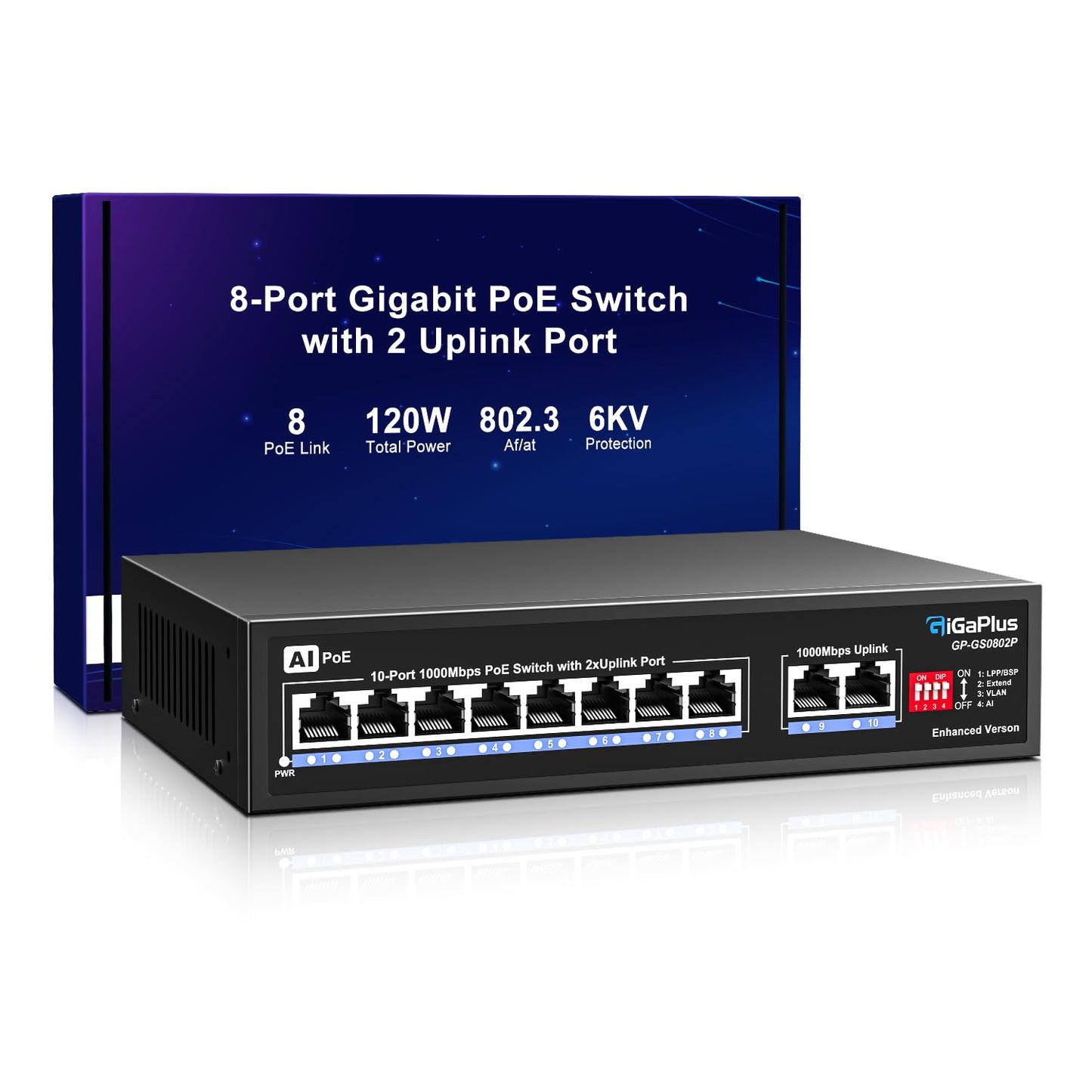 10 Port Gigabit PoE Switch with 8 Port PoE+ 1000Mbps, 2x1000Mbps Uplink, GiGaPlus 10 Port IEEE802.3af/at PoE @72W, Support VLAN, AI watchdog, Metal