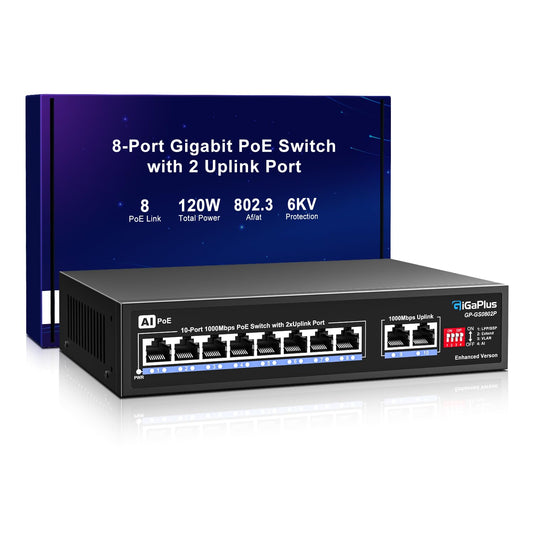 10 Port Gigabit PoE Switch with 8 Port PoE+ 1000Mbps, 2x1000Mbps Uplink, GiGaPlus 10 Port IEEE802.3af/at PoE @72W, Support VLAN, AI watchdog, Metal
