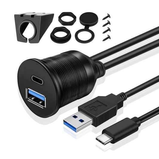 TNP USB C + USB 3.0 Flush Mount Cable, Dual USB Extension Cable 3ft 1M for Car Dashboard with Dash Panel Mount 2 USB Type A + C Male to Female Socket