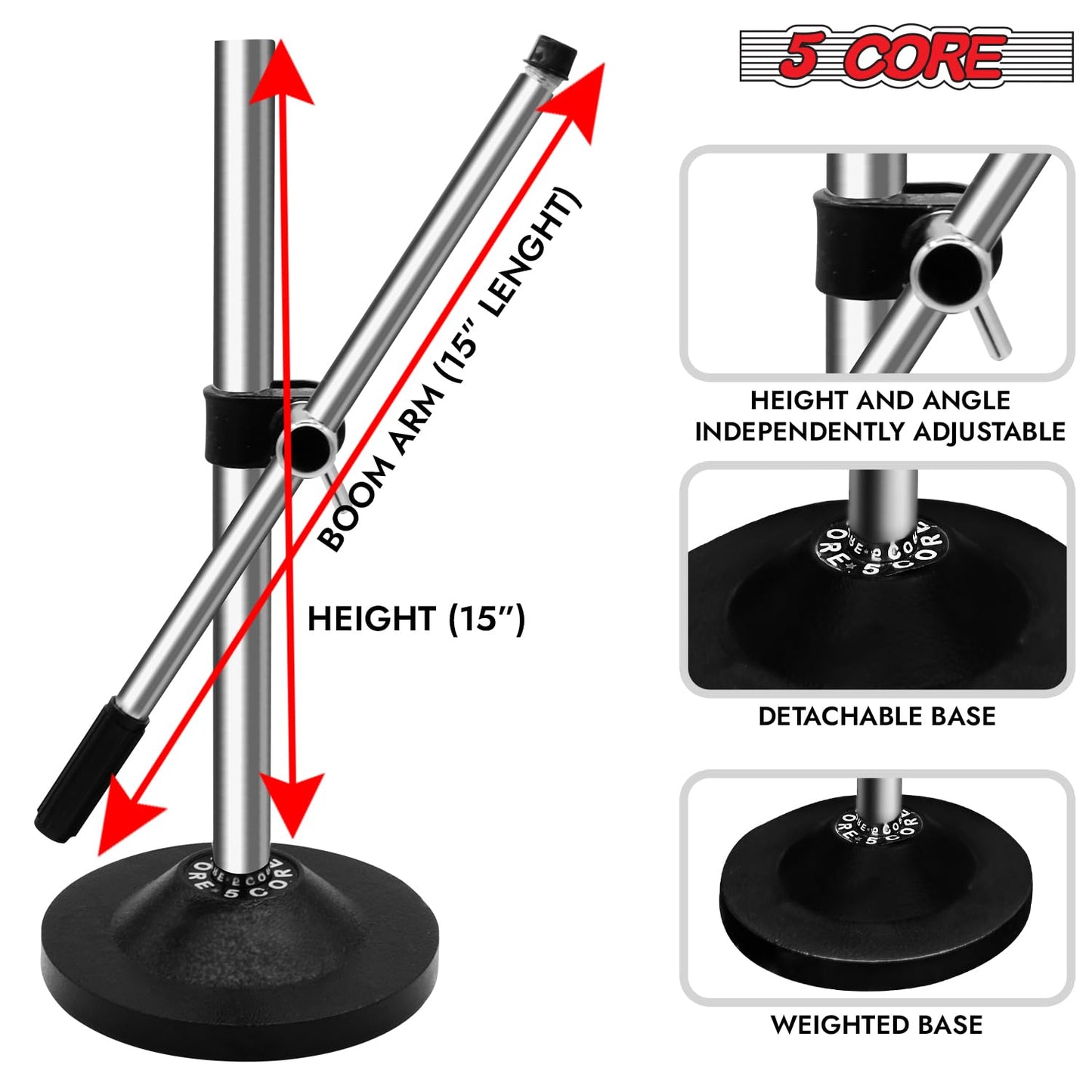 5 Core Mic Stand Adjustable Desk Boom Microphone Stands Round Base Portable Table Pedestal Para Microfono w Universal Mike Holder - MS RBS CH IN