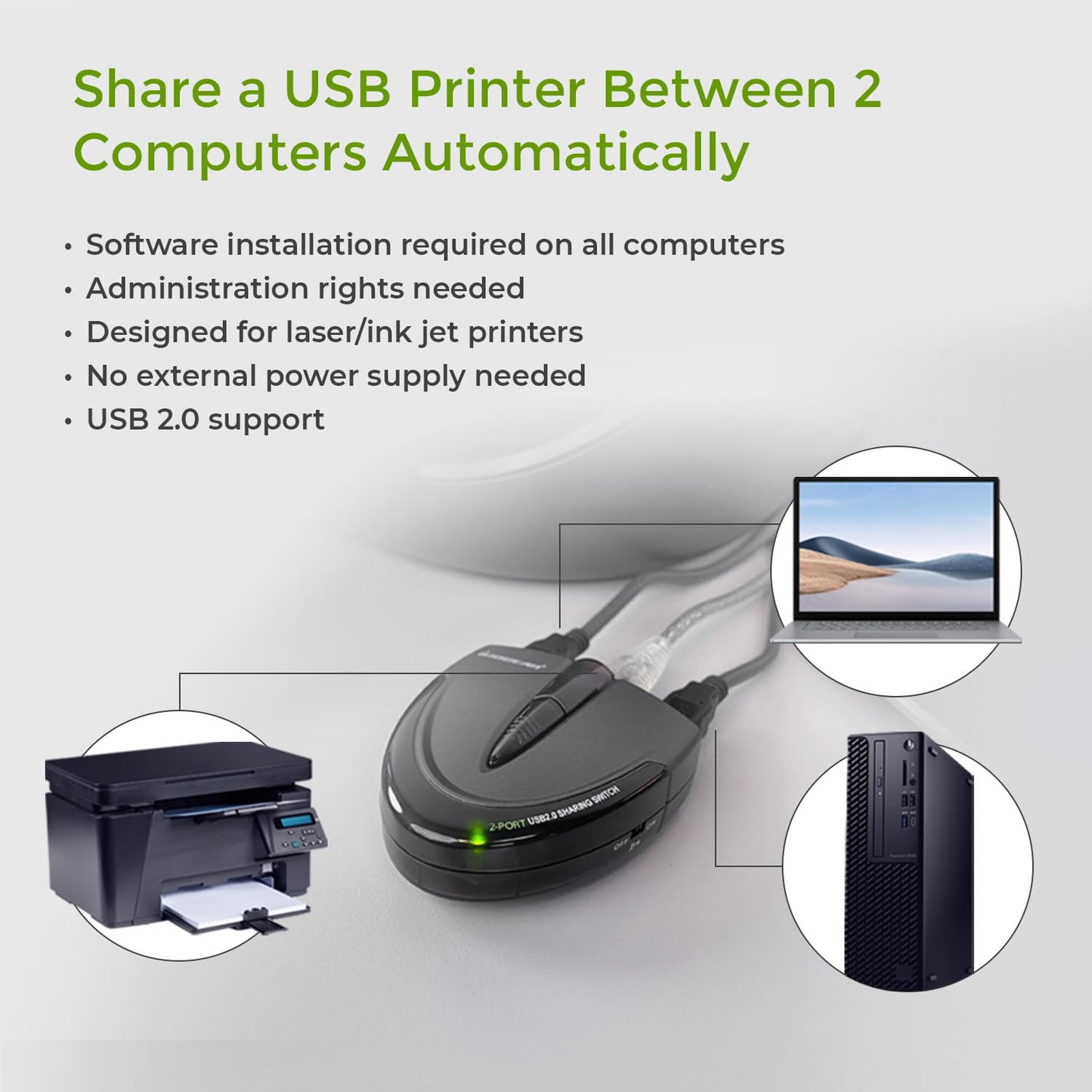 IOGEAR 2 Port USB 2.0 Switch - Auto Printer Switch - Manually or Auto Control - LEDs Indicate - Plug n Play - GUB231