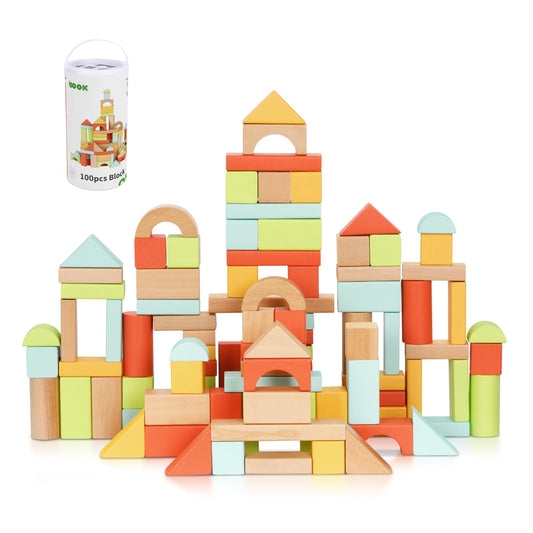 OOOK 100pcs Wooden Building Blocks with Storage Bucket & Shape Sorter – Montessori Learning Toys for Toddlers Ages 1-3, Boys & Girls