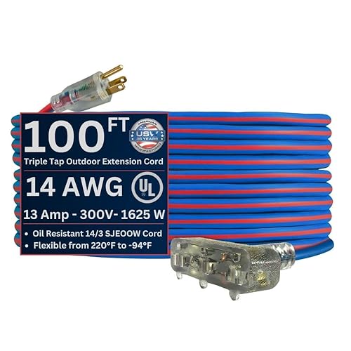 US Wire and Cable 14/3 Gauge x 100-Foot Extreme Cold Weather Triple Tap Extension Cord - Heavy-Duty, 221°F to - 94°F Rating, Lighted Plug, SJEOOW