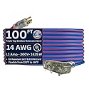 US Wire and Cable 14/3 Gauge x 100-Foot Extreme Cold Weather Triple Tap Extension Cord - Heavy-Duty, 221°F to - 94°F Rating, Lighted Plug, SJEOOW