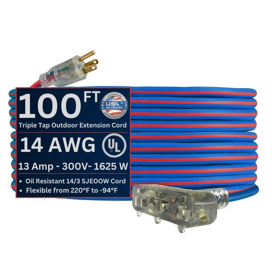 US Wire and Cable 14/3 Gauge x 100-Foot Extreme Cold Weather Triple Tap Extension Cord - Heavy-Duty, 221°F to - 94°F Rating, Lighted Plug, SJEOOW
