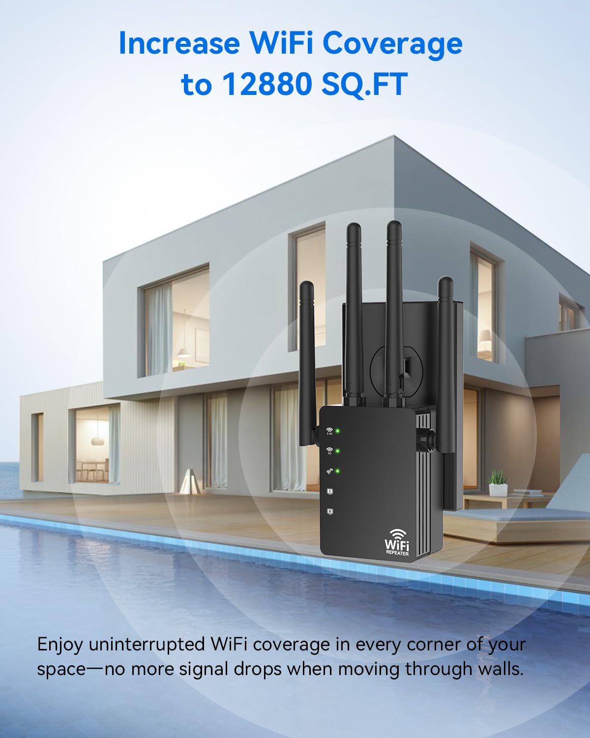 WiFi Extender with 4 Antennas 1200Mbps - Dual Band 5GHz/2.4GHz, WiFi Extender Signal Booster with 3 Modes Support, WiFi Repeater with 12880 Sq.ft 105