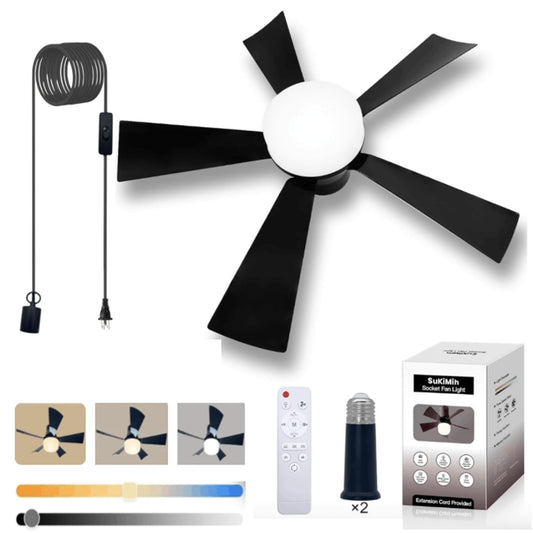 SUKIMIH Socket Fan Light, 20.5", Plug in Ceiling Fan, Gazebo Fan, Outdoor/Indoor 2 Versions, 16.4 Ft Cord with Hook UL Listed, Ceiling Light