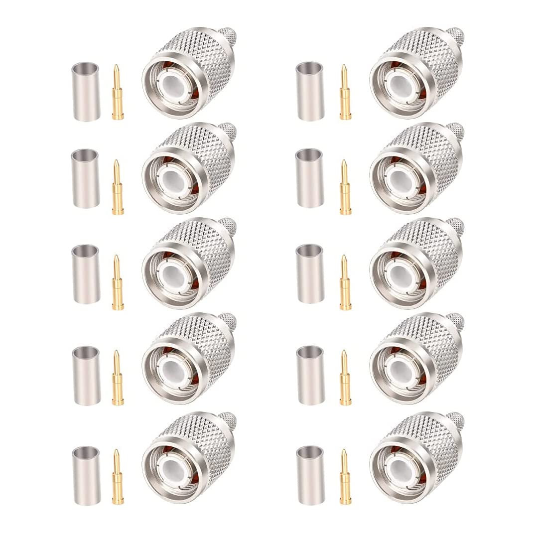 MOOKEERF 10 Pack TNC Male Connector 50 Ohm TNC Male Plug Crimp Connectors for RG58 RG142 RG400 LMR195 KSR195 3D-FB Coax Cable