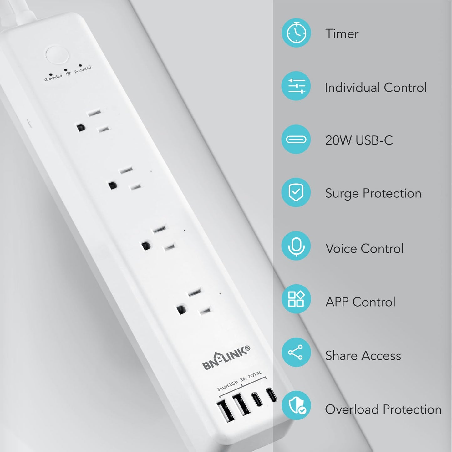 BN LINK Smart Plug Power Strip?Surge Protector with 4 Individually Controlled Smart Outlets, 4 USBs (incl. 20W USB-C), Compatible with Alexa