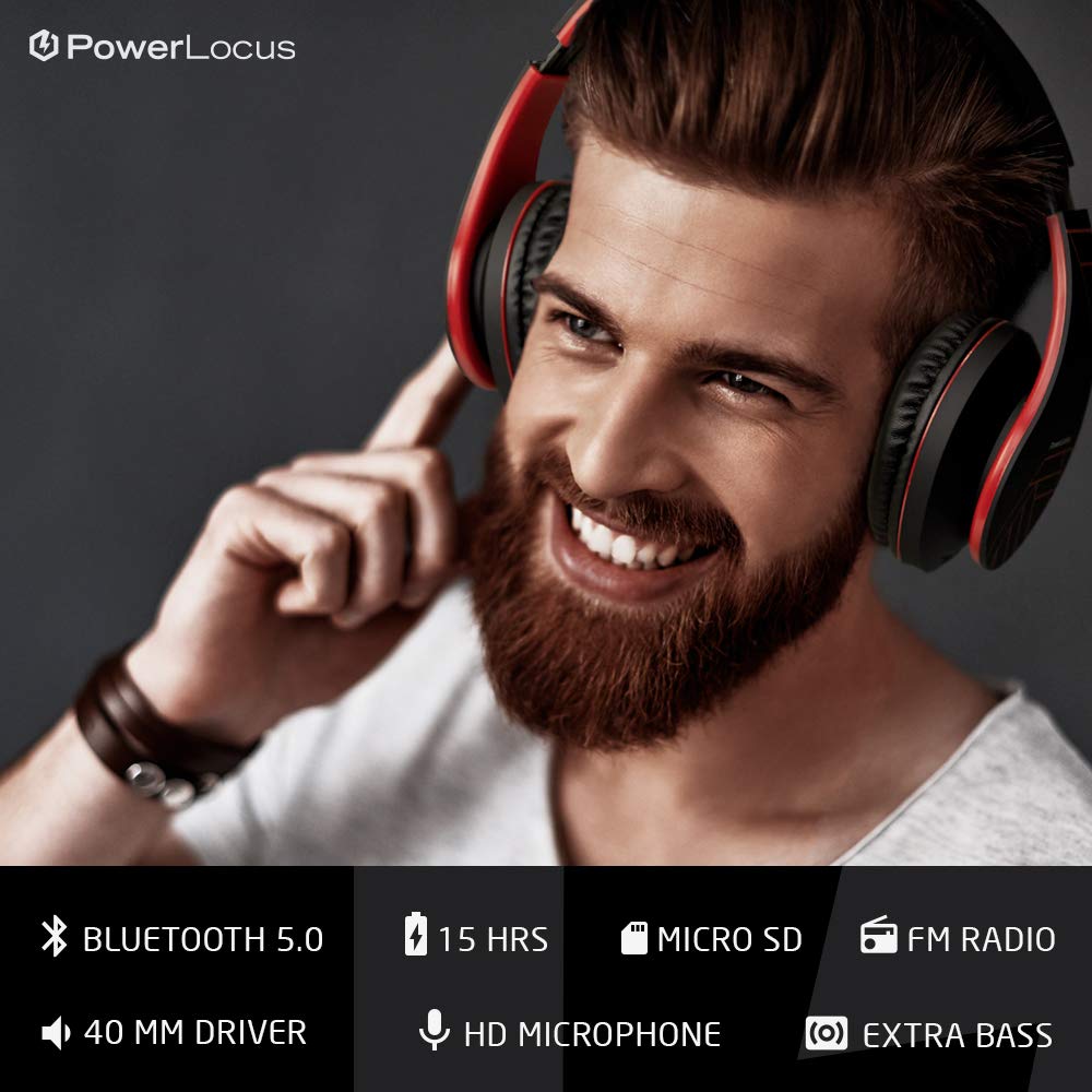 PowerLocus Bluetooth Over-Ear Headphones, Wireless Stereo Foldable Headphones Wireless and Wired Headsets with Built-in Mic, Micro SD/TF, FM…