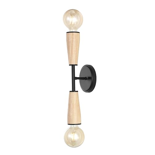 JONATHAN Y 5.13" Light Brown/Black 2-Light Wood and Iron Double Sided Hourglass LED Sconce, Modern Industrial Wall Lamp for Bathroom Mirror Hallway