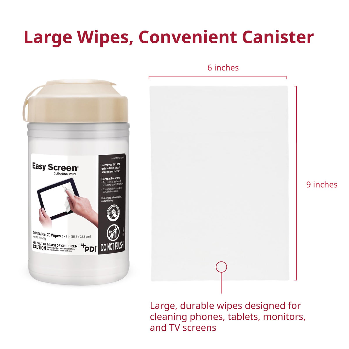 Easy Screen Cleaning Wipes, Canister - Streak-Free, Anti-Smudge Wipes for Electronics, TVs, Laptops, Tablets, Smartphones - 70 Large 6" x 9" Wipes Each, 12 Canisters per Case